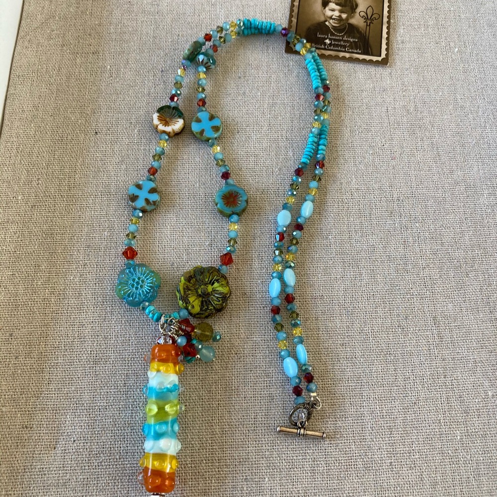 Eclectic Bead Necklace of Turquoise, Swarovski Crystal w Lamp Work Glass Pendant